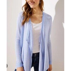 LOFT Sweater Cardigan Womens XS Light Blue White Striped Open Front Knit Drape